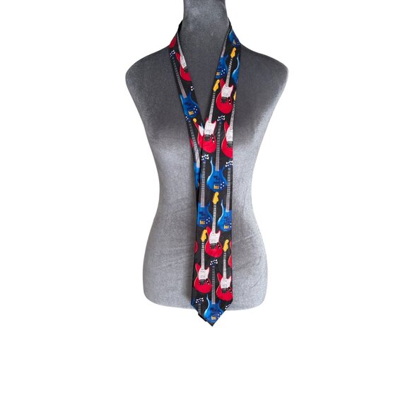 Steven Harris Handmade Guitar Print Necktie Rock Music Theme Polyester Black Red - Picture 1 of 3